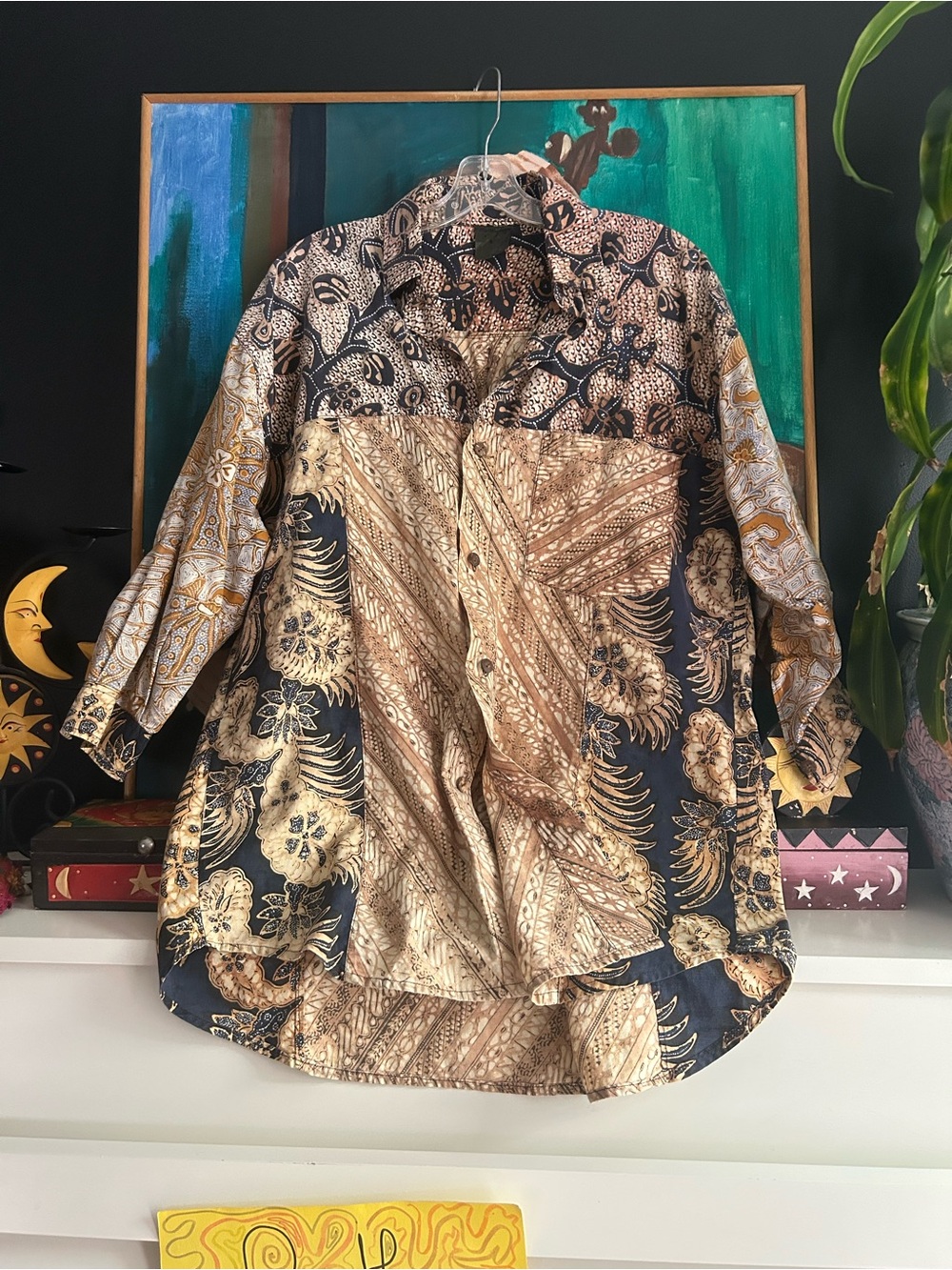 Batik Patchwork Print Button Up Tunic Shirt Boho Artsy Long Sleeve